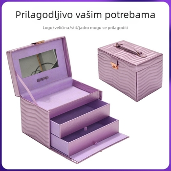 Kutija za nakit, prijenosna s ručkom, ladica-tip, višeslojna, PU koža, ogledalo