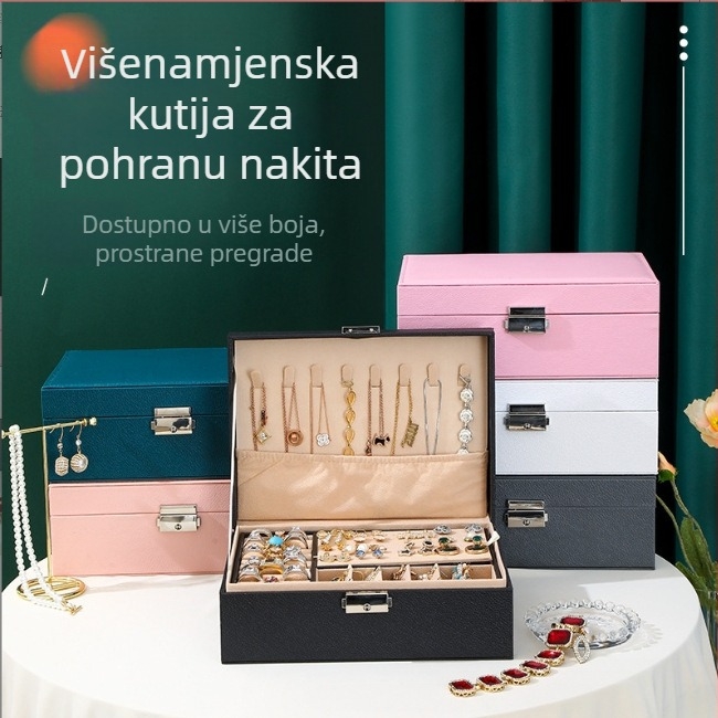 PU kutija za pohranu nakita, dvostruki sloj s bravom, čvrsti kućište, za ogrlice, naušnice i narukvice, stil Sweet Lady