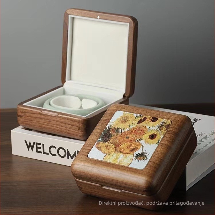 Drvena kutija za nakit od orašca s izvezenim poklopcem, organizator za ogrlice, prstene i narukvice, retro stil, prilagodljivo