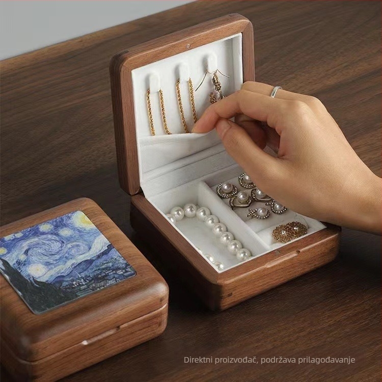 Drvena kutija za nakit od orašca s izvezenim poklopcem, organizator za ogrlice, prstene i narukvice, retro stil, prilagodljivo