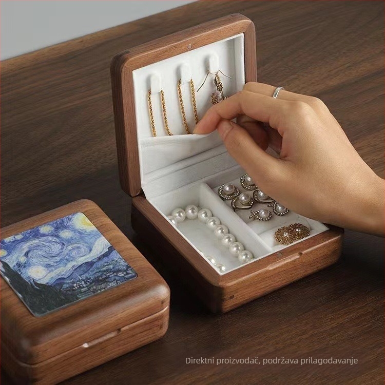 Drvena kutija za nakit od orašca s izvezenim poklopcem, organizator za ogrlice, prstene i narukvice, retro stil, prilagodljivo