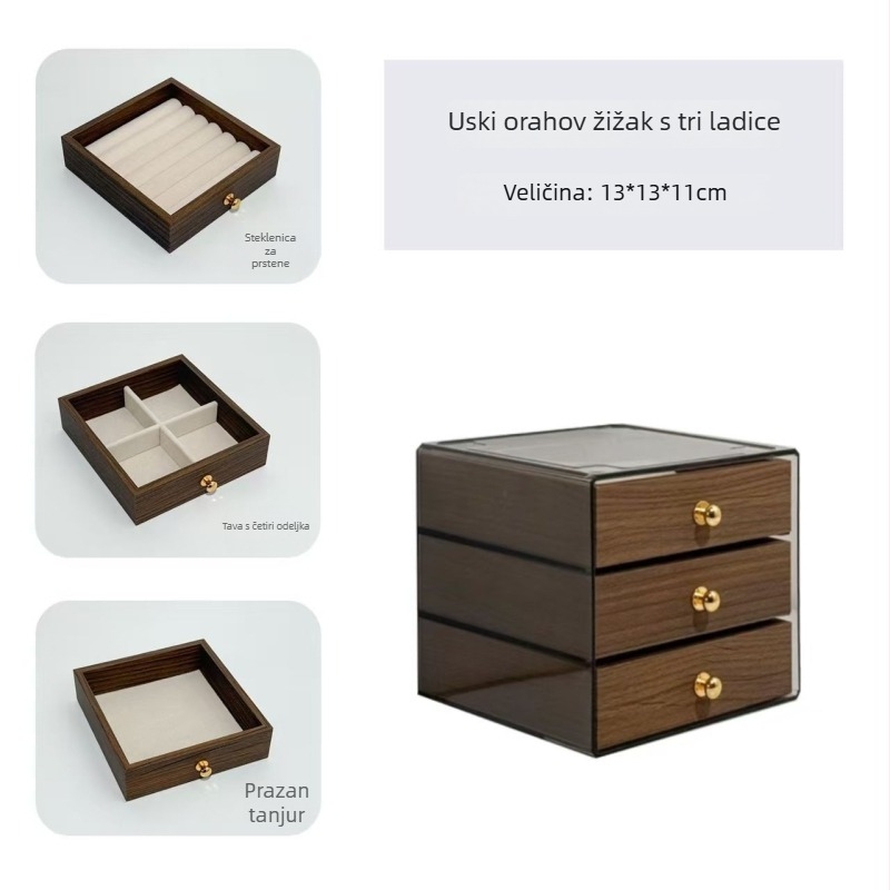 Trostruka kutija za nakit s uzorkom oraha, za lančiće, naušnice, prstene i narukvice