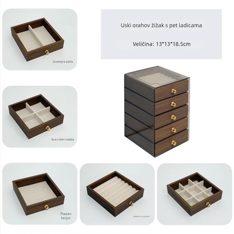 Trostruka kutija za nakit s uzorkom oraha, za lančiće, naušnice, prstene i narukvice