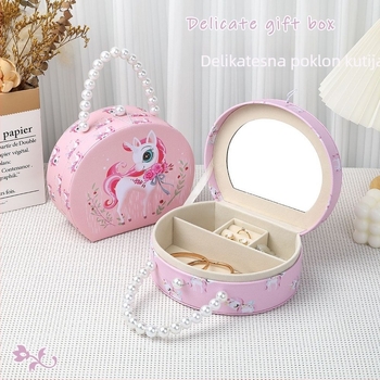 Prijenosna kutija za nakit za djecu s jednorogom, kožni materijal, karikatura dizajn, 3D perle ukrasi
