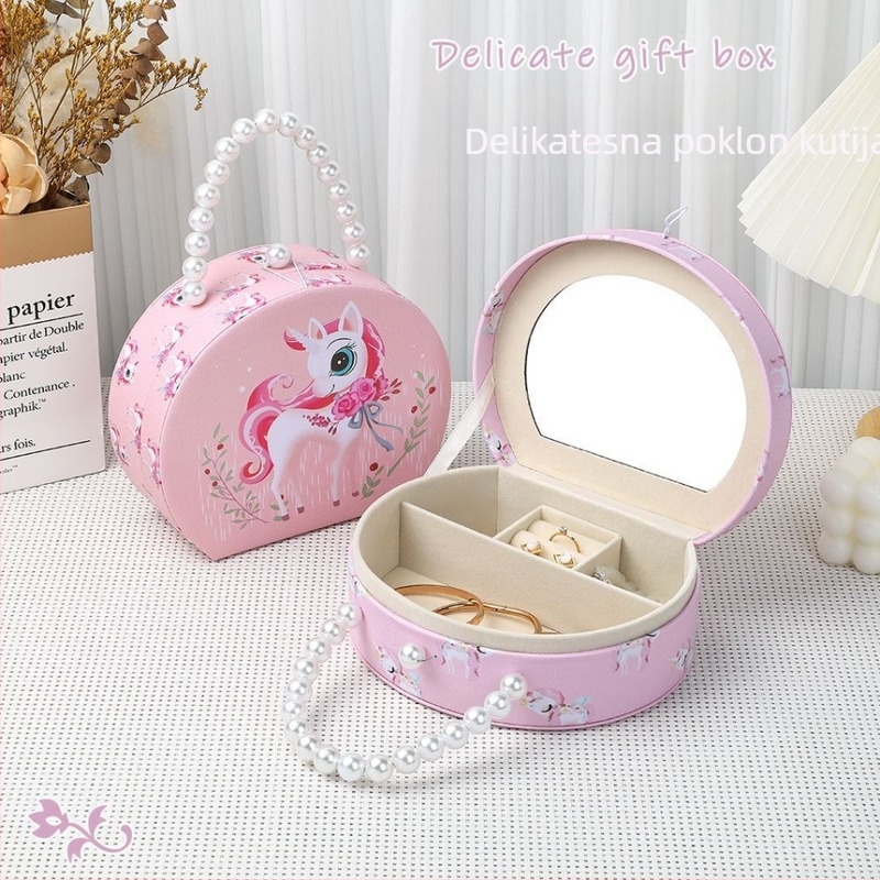 Prijenosna kutija za nakit za djecu s jednorogom, kožni materijal, karikatura dizajn, 3D perle ukrasi