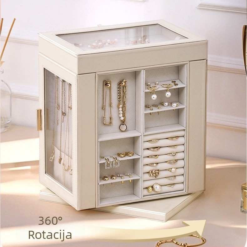 6-slojeva kožna kutija za nakit za stolnu upotrebu s rotirajućim prozorom, otporna na prašinu za pohranu ogrlica, prstena i naušnica