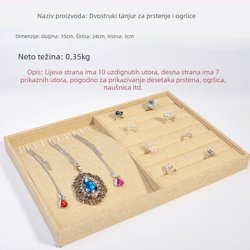 12-odjelna pladnja za izlaganje nakita s lanenim pokrovom, baza od guste ploče, velika kapaciteta