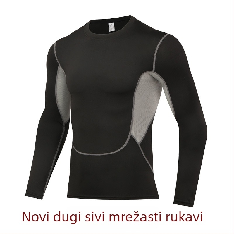 Muški PRO fitness dugi rukav, kompresijski top, brzo sušeći milk silk materijal, vanjski 90% poliester / 10% elastan; podstava 10% elastan; pogodný za košarku, trčanje i jogu.