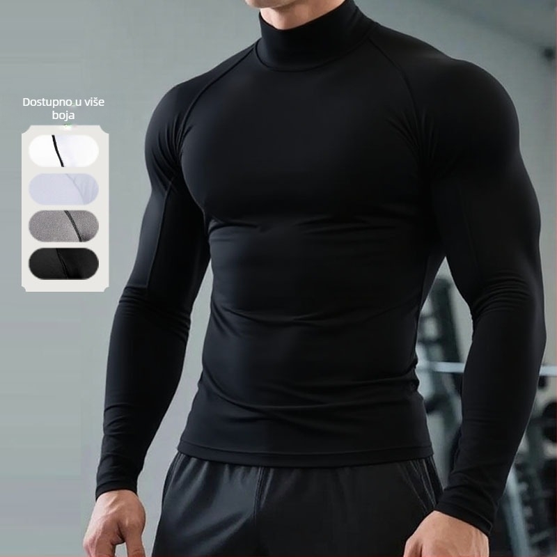 Muški kompresijski dugi rukav s mock neck – brzo sušenje, visoka elastičnost, bazni trening top
