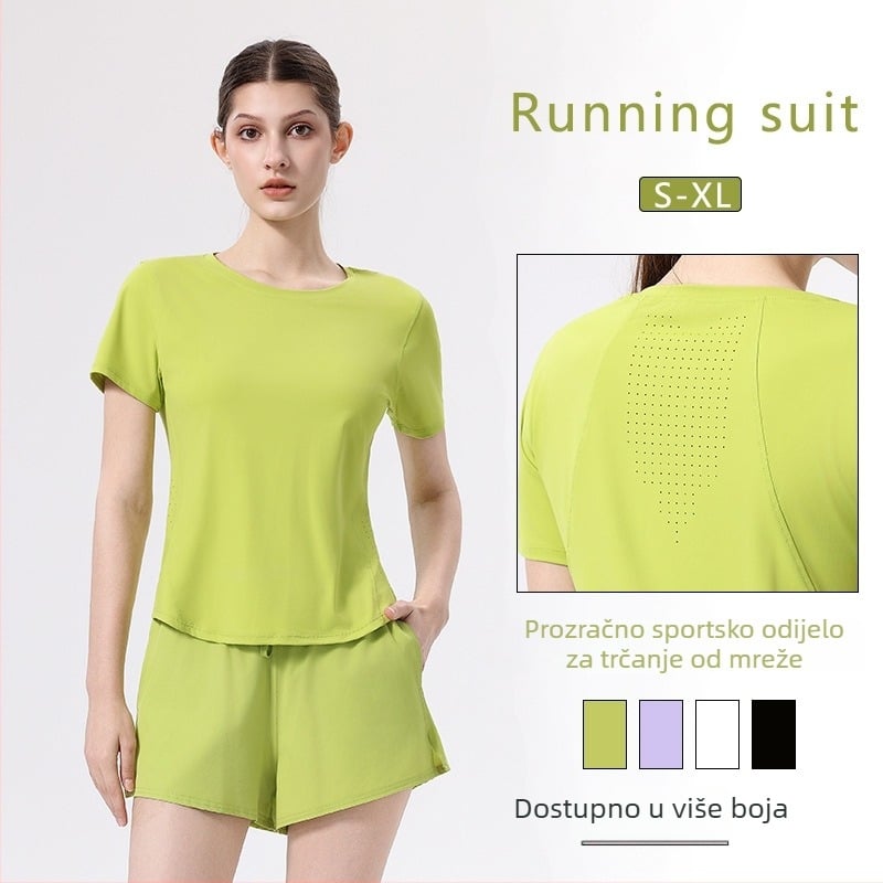Ženski sportski komplet: majica s kratkim rukavima i okruglim izrezom, kratke hlače; materijal 88% najlon, 12% spandeks; ljetni set za trčanje, teretanu, badminton i tenis