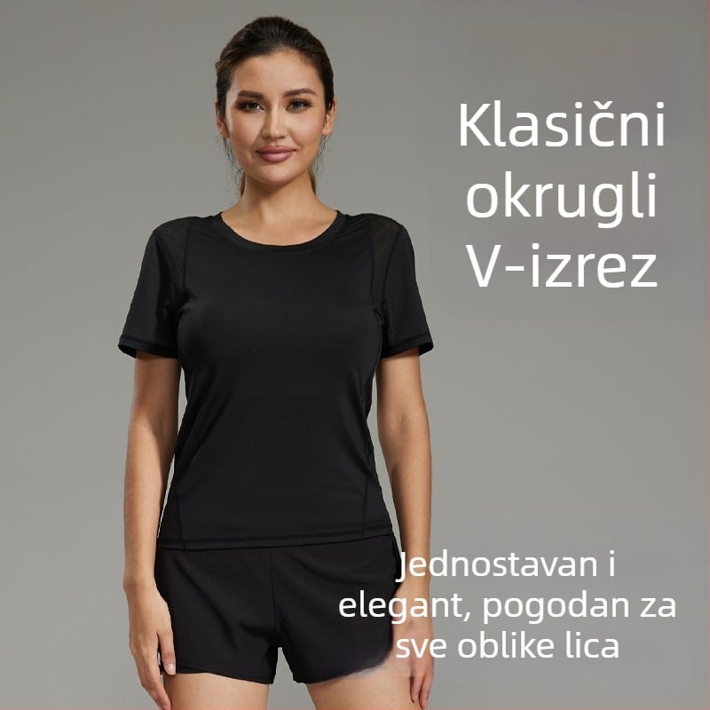 Ženska labava joga majica s detaljem oblikovanja struka, brzo sušenje, prozračan materijal, poliester/elastan 92%/8%, kratki rukav, slobodan kroj, ljeto 2024