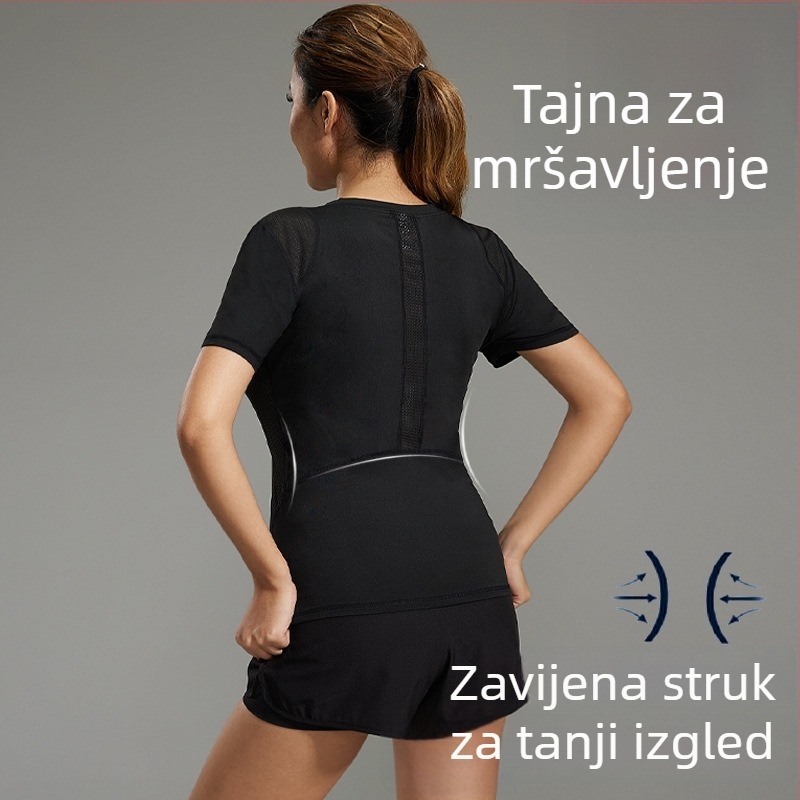 Ženska labava joga majica s detaljem oblikovanja struka, brzo sušenje, prozračan materijal, poliester/elastan 92%/8%, kratki rukav, slobodan kroj, ljeto 2024