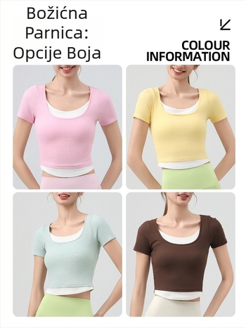 Yoga majica s U-izrezom, kratki rukavi, uski kroj, duljina struka, prozračna viskozna smjesa (92% viskoza, 8% spandex)