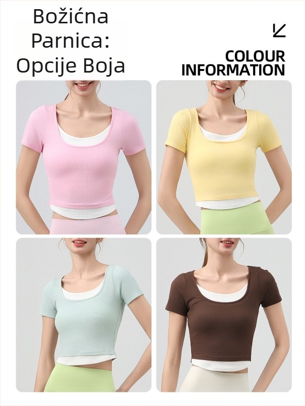 Yoga majica s U-izrezom, kratki rukavi, uski kroj, duljina struka, prozračna viskozna smjesa (92% viskoza, 8% spandex)