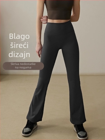 Ženske joga hlače visoke elastičnosti s flared krojem, za trčanje i pilates, jesen-zima; 80% najlon, 20% akril podstava