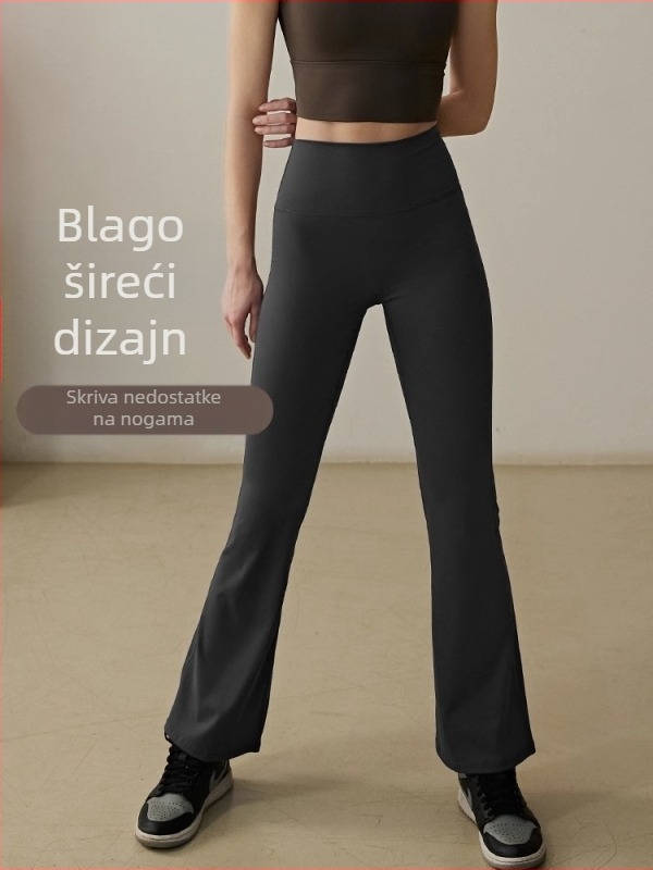 Ženske joga hlače visoke elastičnosti s flared krojem, za trčanje i pilates, jesen-zima; 80% najlon, 20% akril podstava