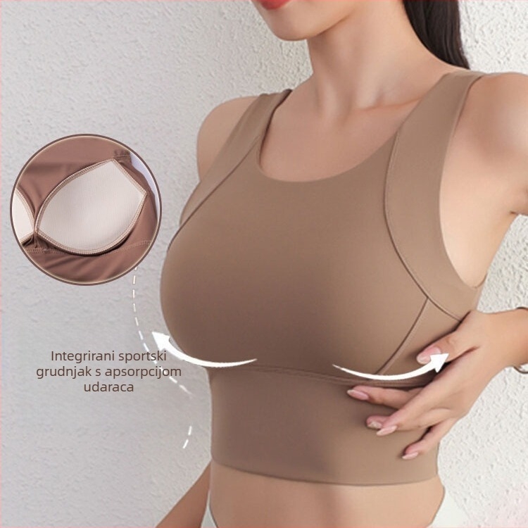 Jednodijelni sportski grudnjak, otporan na udarce, prozračan za trčanje i jogu, puna šalica, tanko oblikovana čašica, fiksni dvostruki naramenici, najlon 90%, elastan 10%