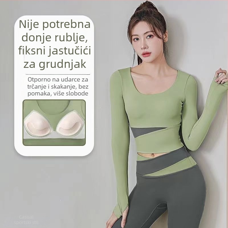 Ženski joga set: top s dugim rukavima i hlače, brzo sušenje, prozračno, corduroy s lanenim udjelom 71–80%