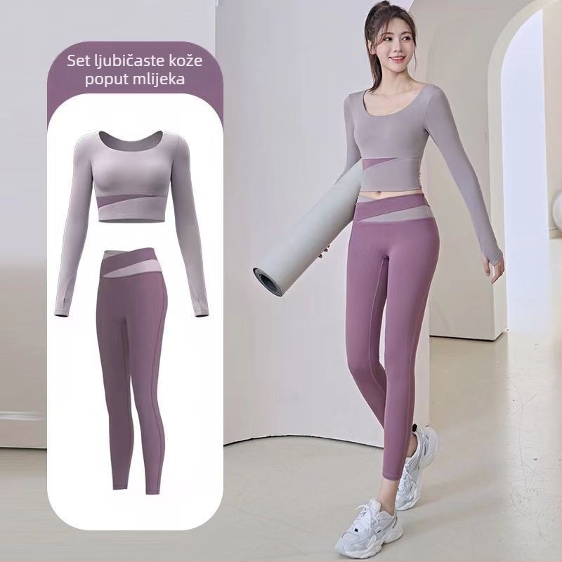 Ženski joga set: top s dugim rukavima i hlače, brzo sušenje, prozračno, corduroy s lanenim udjelom 71–80%