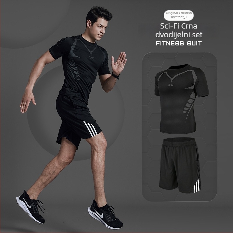 Muški sportski komplet za fitness, trčanje i jogu — poliester tkanina s podlogom Milk Silk; 94,5% poliester; pogodna za ljeto, proljeće i jesen; za trčanje, vožnju bicikla i treninge u teretani.