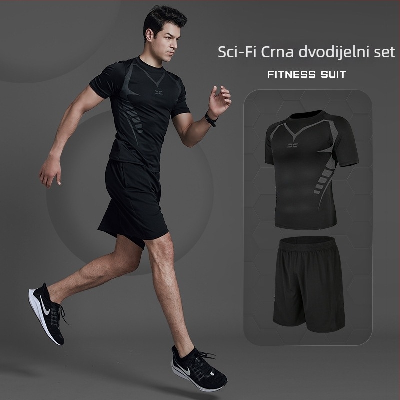 Muški sportski komplet za fitness, trčanje i jogu — poliester tkanina s podlogom Milk Silk; 94,5% poliester; pogodna za ljeto, proljeće i jesen; za trčanje, vožnju bicikla i treninge u teretani.