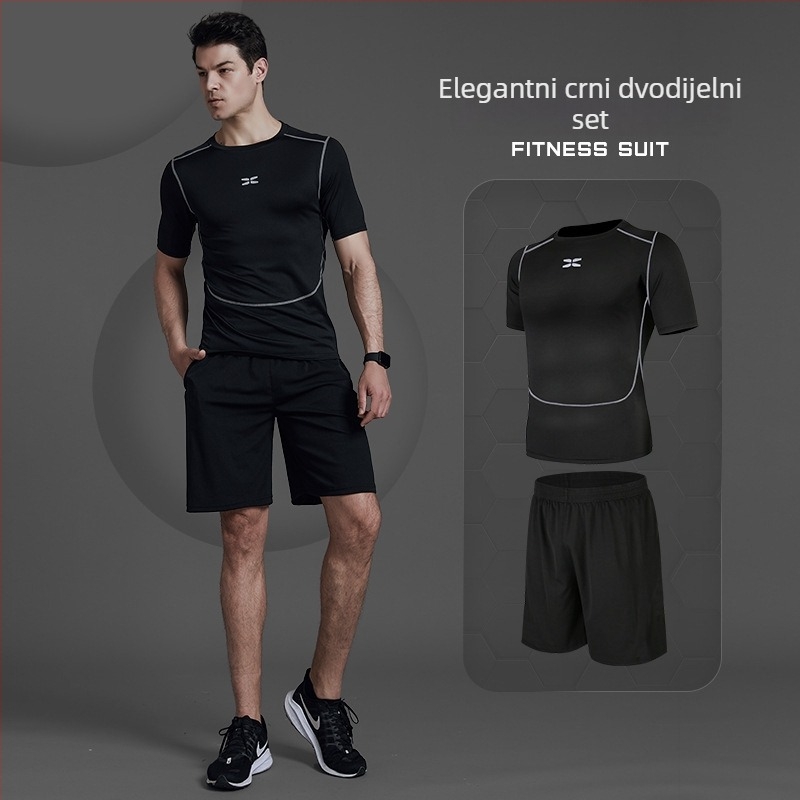 Muški sportski komplet za fitness, trčanje i jogu — poliester tkanina s podlogom Milk Silk; 94,5% poliester; pogodna za ljeto, proljeće i jesen; za trčanje, vožnju bicikla i treninge u teretani.