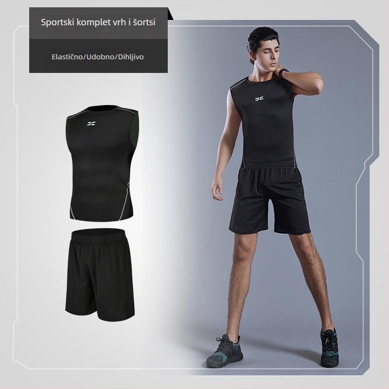 Muški sportski komplet za fitness, trčanje i jogu — poliester tkanina s podlogom Milk Silk; 94,5% poliester; pogodna za ljeto, proljeće i jesen; za trčanje, vožnju bicikla i treninge u teretani.