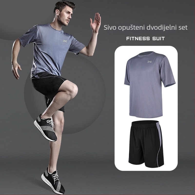 Muški sportski komplet za fitness, trčanje i jogu — poliester tkanina s podlogom Milk Silk; 94,5% poliester; pogodna za ljeto, proljeće i jesen; za trčanje, vožnju bicikla i treninge u teretani.