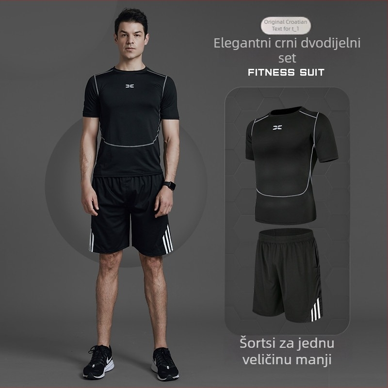 Muški sportski komplet za fitness, trčanje i jogu — poliester tkanina s podlogom Milk Silk; 94,5% poliester; pogodna za ljeto, proljeće i jesen; za trčanje, vožnju bicikla i treninge u teretani.