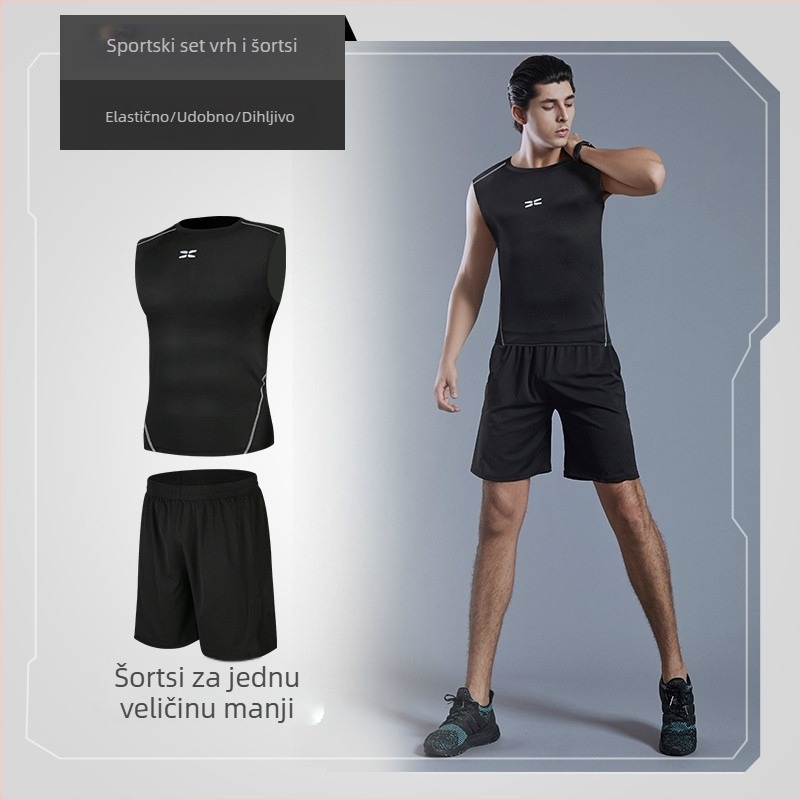 Muški sportski komplet za fitness, trčanje i jogu — poliester tkanina s podlogom Milk Silk; 94,5% poliester; pogodna za ljeto, proljeće i jesen; za trčanje, vožnju bicikla i treninge u teretani.