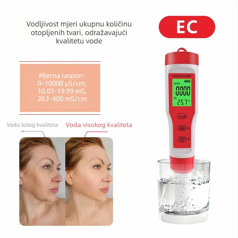 Prijenosni analitički uređaj za kvalitetu vode s pH, 4-u-1, model Ez-9909a, raspon pH 0.01–14.00, točnost 0.01, rezolucija 0.02