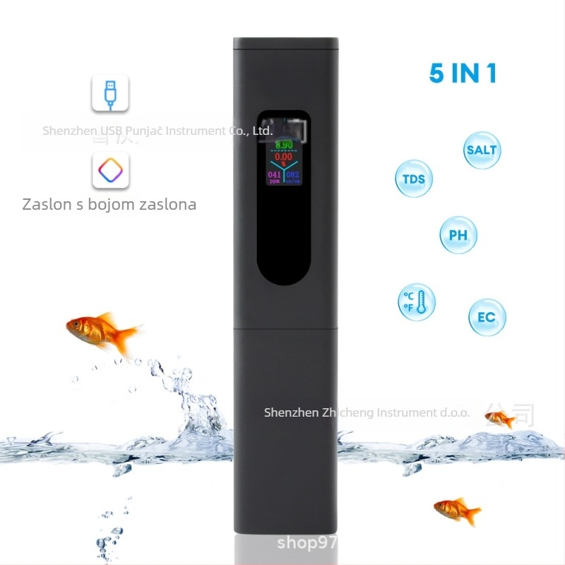 USB-punjivi prenosni analizator kvalitete vode za pH, ukupnu tvrdoću i slanost — raspon pH 0–14, točnost 0,1 pH, rezolucija 0,1