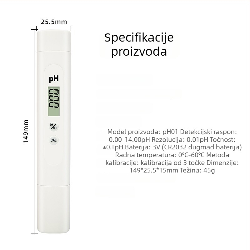 Prijenosni pH mjerač PH-01, digitalni zaslon, raspon 0-14 pH, točnost 0,01 pH