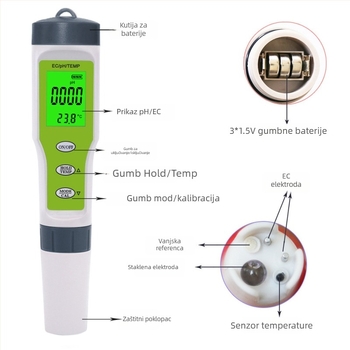 Prijenosni pH mjerač sa staklenom sondom, model TPH01137, raspon 0.01-14.00 pH, napajanje 1.5V, marka Craftsman hall