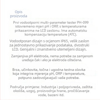 Pero-stilu vodootporan tester pH/ORP i temperatura, 3-u-1 Ph-099 s LCD zaslonom, kompozitna elektroda, raspon pH 0.00–14.00, ORP -1999 do 1999 mV, raspon temperatura 0–50°C