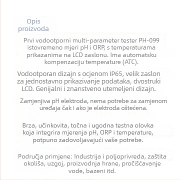Pero-stilu vodootporan tester pH/ORP i temperatura, 3-u-1 Ph-099 s LCD zaslonom, kompozitna elektroda, raspon pH 0.00–14.00, ORP -1999 do 1999 mV, raspon temperatura 0–50°C