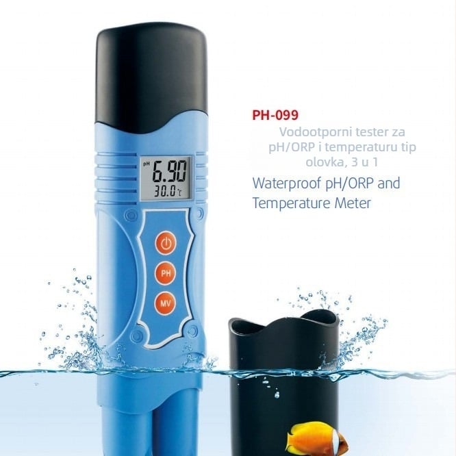 Pero-stilu vodootporan tester pH/ORP i temperatura, 3-u-1 Ph-099 s LCD zaslonom, kompozitna elektroda, raspon pH 0.00–14.00, ORP -1999 do 1999 mV, raspon temperatura 0–50°C