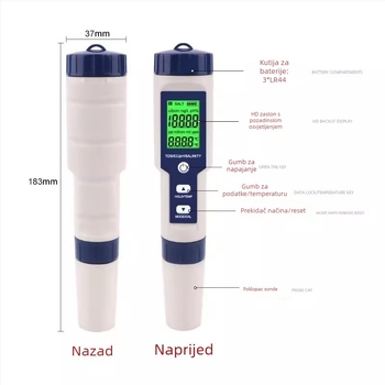 Pet-in-jednom prijenosni mjerač kvalitete vode za pH, teški metali, ukupna tvrdoća i slanost; EC raspon 0-10000 mS/cm, rezolucija 0.01, točnost ±0.1%