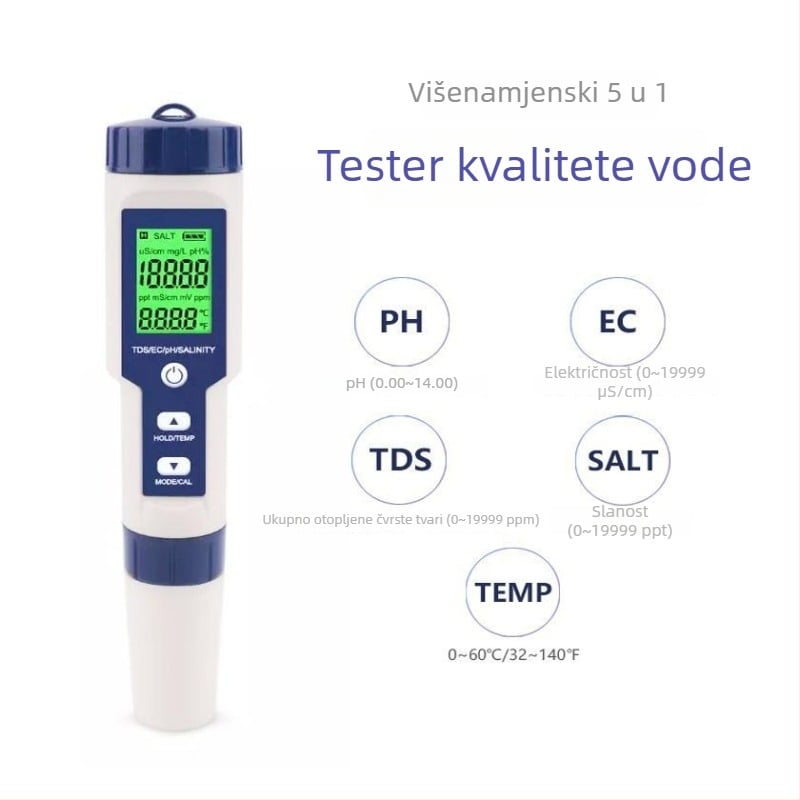 Pet-in-jednom prijenosni mjerač kvalitete vode za pH, teški metali, ukupna tvrdoća i slanost; EC raspon 0-10000 mS/cm, rezolucija 0.01, točnost ±0.1%