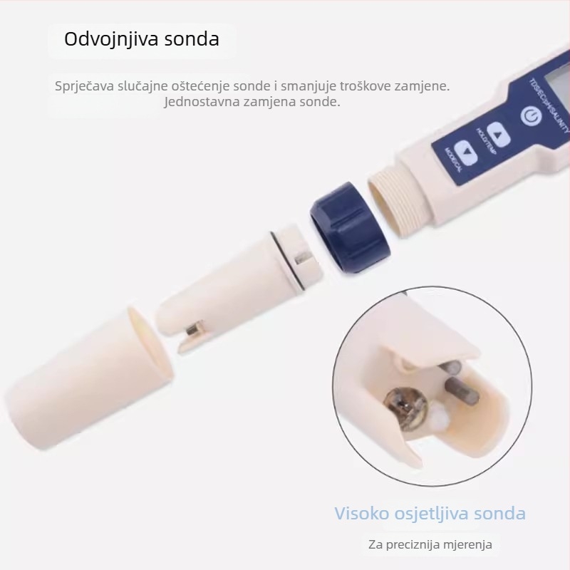 Pet-in-jednom prijenosni mjerač kvalitete vode za pH, teški metali, ukupna tvrdoća i slanost; EC raspon 0-10000 mS/cm, rezolucija 0.01, točnost ±0.1%