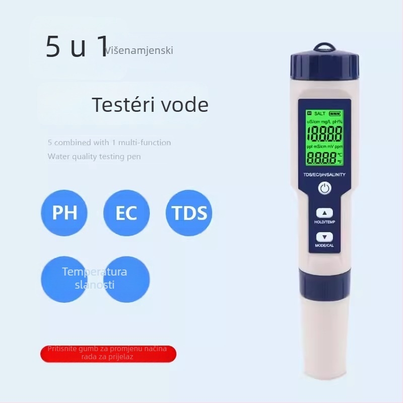 Pet-in-jednom prijenosni mjerač kvalitete vode za pH, teški metali, ukupna tvrdoća i slanost; EC raspon 0-10000 mS/cm, rezolucija 0.01, točnost ±0.1%
