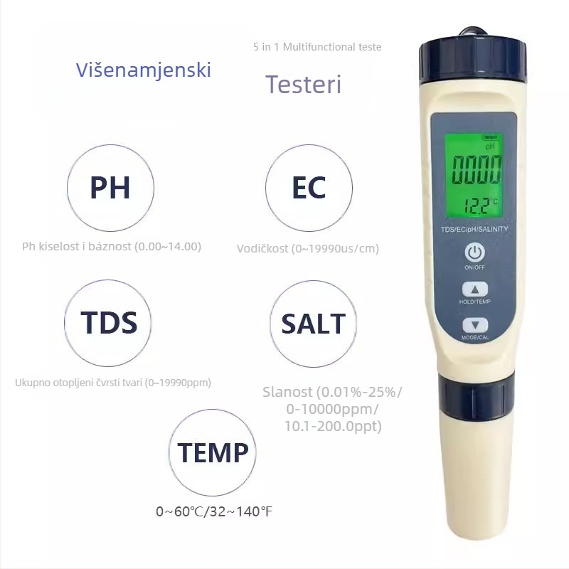 Pet-in-jednom prijenosni mjerač kvalitete vode za pH, teški metali, ukupna tvrdoća i slanost; EC raspon 0-10000 mS/cm, rezolucija 0.01, točnost ±0.1%