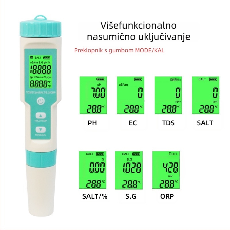 7-u-1 višeparametarski analizator kvalitete vode s mjerenjima TDS/EC, saliniteta, SG, ORP, temperature i pH; opseg mjerenja 0-10000 mS/cm, pH 0-14, salinitet 10.1-200.0 ppt; točnost: pH 0.05, salinitet ±1%, TDS/EC ±2%