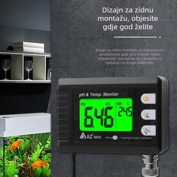 Little Az8605 zidni pH mjerač vode za akvarij s vanjskim senzorom i termometrom