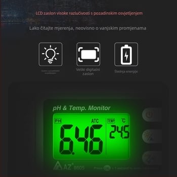 Little Az8605 zidni pH mjerač vode za akvarij s vanjskim senzorom i termometrom