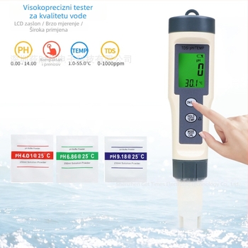 Prijenosni analizator kvalitete vode, mjerenje pH, raspon 0.00-14.00, točnost 0.01, napajanje 3x1.5V, model EC016BL