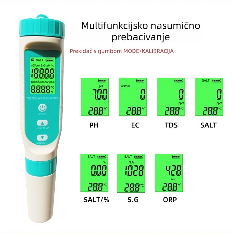 Prijenosni analizator kvalitete vode MDW7L: raspon pH 0–14, točnost 0,05, napajanje 3×1,5 V