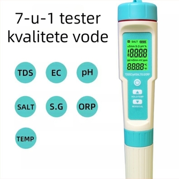 Prijenosni analizer kvalitete vode – sedam u jednom s ORP, pH (0-14), TDS (0-9999 ppm), slanost; raspon pH 0-14, raspon TDS 0-9999 ppm, preciznost 0.01, napajanje 3x1.5V