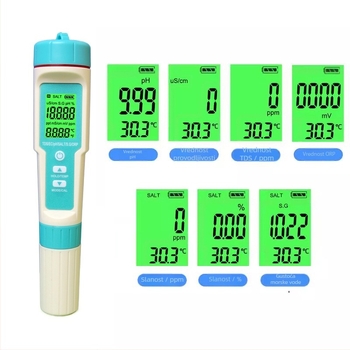 Prijenosni analizer kvalitete vode – sedam u jednom s ORP, pH (0-14), TDS (0-9999 ppm), slanost; raspon pH 0-14, raspon TDS 0-9999 ppm, preciznost 0.01, napajanje 3x1.5V