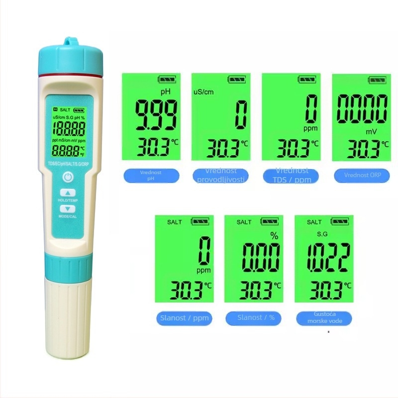 Prijenosni analizer kvalitete vode – sedam u jednom s ORP, pH (0-14), TDS (0-9999 ppm), slanost; raspon pH 0-14, raspon TDS 0-9999 ppm, preciznost 0.01, napajanje 3x1.5V